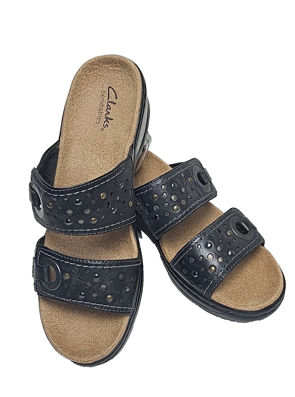 Clarks Women's Bendables Sandals 8M Black Leather Open Toe Studs Lexi Laurel New